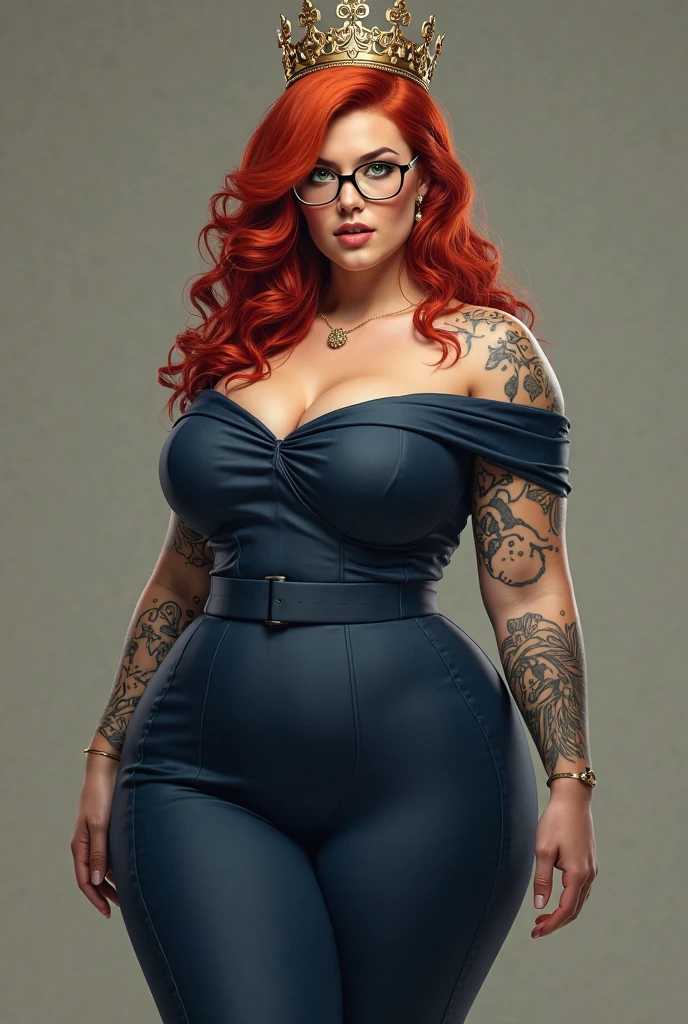 Lucy Pinder, ((VERY INTENSE MAKEUP)), sexy woman, voluptuous, cleavage, (Adele), chubby woman, lace, orange hair, tattoos, sexy dress, blue dress, fishnet pantyhose, smiling.