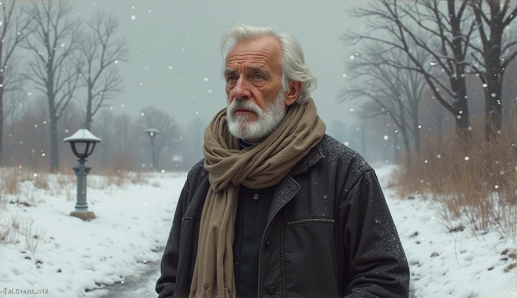 80 year old man, Ian McKellen, hunched, tired eyes, frown, grey beard, tatty greatcoat, woollen jumper, fingerless wool gloves, beanie, scarf, brazier, whitewashed stone wall, sunrise, grey sky, snowing in ruined village