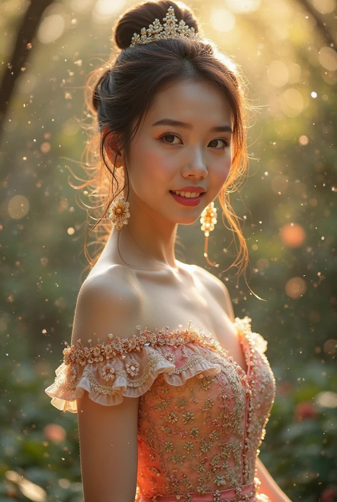 ภาพระยะใกล้ของผู้หญิงlong hairชาวเอเชียตะวันออกเฉียงใต้ที่มีใบหน้ากลม,ผมหางม้า long hair,float up, black eyes,abdominal muscles, shiny body, Overflowing breasts, Big nipples overflowing., morning sun, staring at the viewer, (sexy poses), ((face details)), Double eyelids, realistic, Masterpiece, Highest quality, lens flare, shade, [[Chromatic aberration, digital painting, 8K, 45,000,000,000 pixels, Thai chat set, Strapless top, long hair,black eyes,abdominal muscles, The body is beautiful and strong., rounded chest, (digital painting, HDR, high contrast