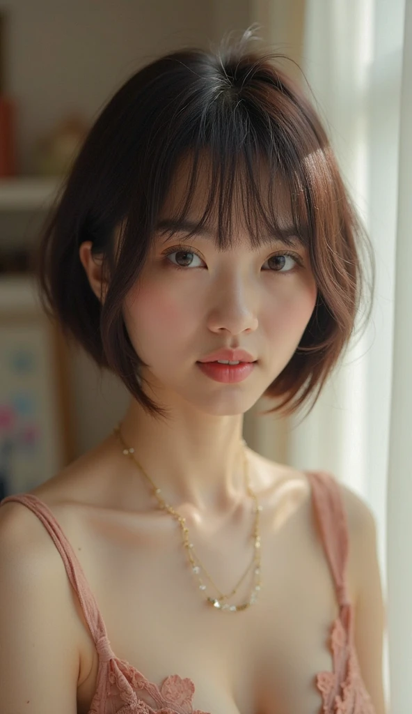 Short hair and white summer knit, summer knit, short hair, short hair with bangs, girl with cute face, cute fine face in portrait, French bob, pale fair skin!!, short brown hair and big eyes, soft portrait shot 8 k, beautiful light big eyes, beautiful young girl, young girl in a bob cut, best image quality, masterpiece, notes of Leonardo da Vinci da Vinci, Leonardo da Vinci's manuscript as a background