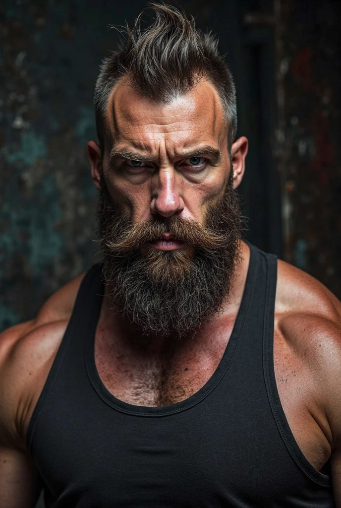 Man with beard and no shirt, looking straight ahead with a white background