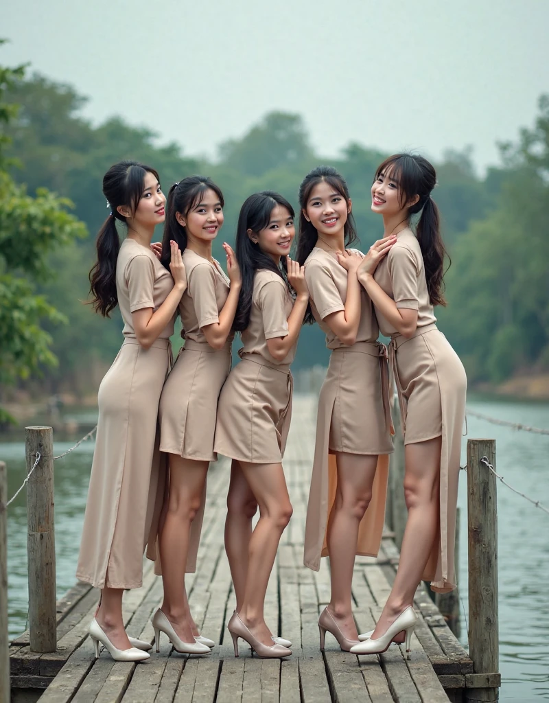 nsfw. photo realistic of 3 beautiful french lined up, beautiful western mixed oriental look, side poses. college student with girlfriends. strapless, bob hair, oversized transparent see through. naked. nude. indoor stairs. standing knee apart. half body view. multiple girls and friends. nsfw. livingroom waterfall. sandals. crouchings