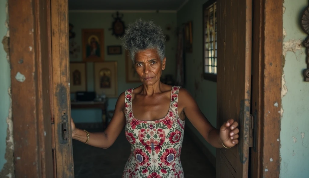 A 65 year old black lady, thin, weighing 47 kilos distributed in a body with 167 centimeters in height, with medium, flabby breasts, wide hip, thick legs and thighs. She has an expressive face with lines of time from age, small mouth, brown eyes with a serene and suffering look, light brown eyes and wavy hair. She's wearing prescription glasses, a long skirt and a white social shirt wide open exposing fully bare breasts, she's leaning against a wall of a shack in a Brazilian favela at night.