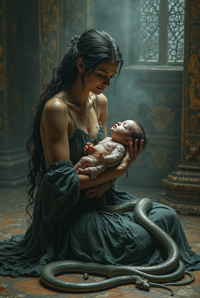 I want an image where a woman transforms her husband into a baby