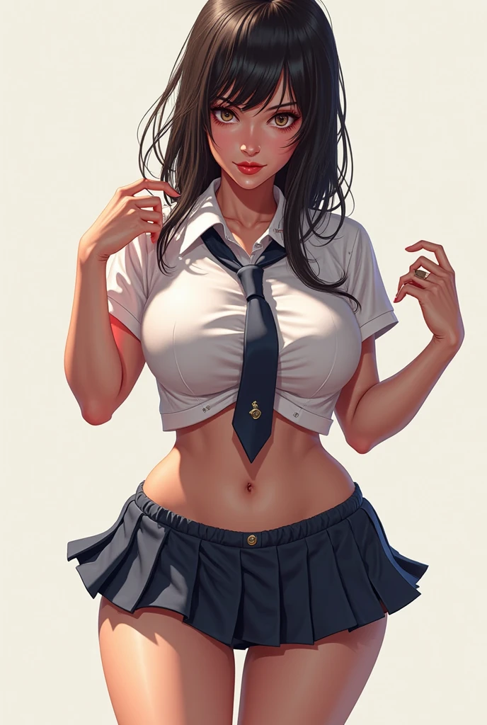 4k, (Masterpiece), of the highest quality, 2D, ((NSFW)), (teen anime schoolgirl), (bloomed shirt), (small breasts), nipples, Long brown hair, Blue eyes, SMILE, full height, light eyes, black eyelashes, (intricate detailed), dramatic, Makoto Shinkai, trend on CGsociety, a woman with tattoos on her body and a choker