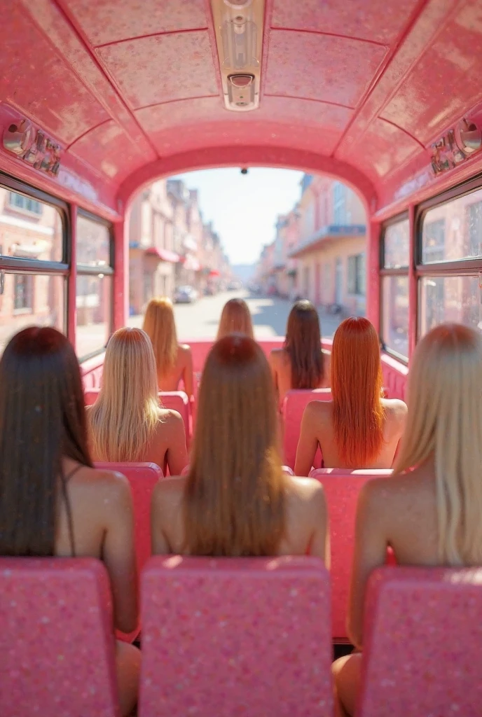 12 perfect big breasted blonde girls with long hair wearing a transparent sexy lingerie girls, see thru, sitting and standing inside a pink public bus sexy pose, all girls facing towards the front of the bus, looking sad, perfect sexy bodies, sexy perfect buttocks in sexy g-string thongs, looking out the bus windows, there's a sign in the wall of the bus that reads "Mujereslandia"