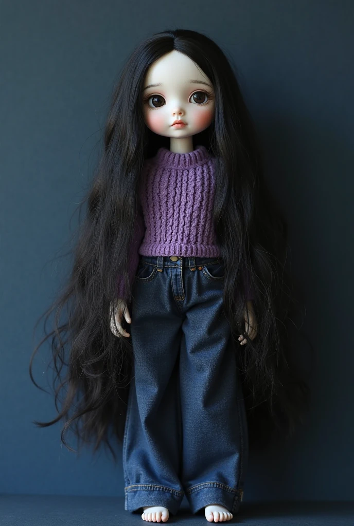 Make me a Blythe doll with wavy black hair, without fringes and medium length, light brown skin, Dark brown eyes, eyeliner, eyelashes, with blush, dark pink lips, Let your clothes be a top and baggy jeans and have a heart necklace