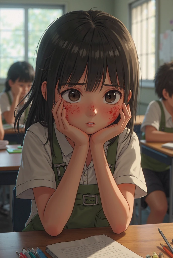 An illustration of a girl at school sitting at her desk nervous because she has an exam