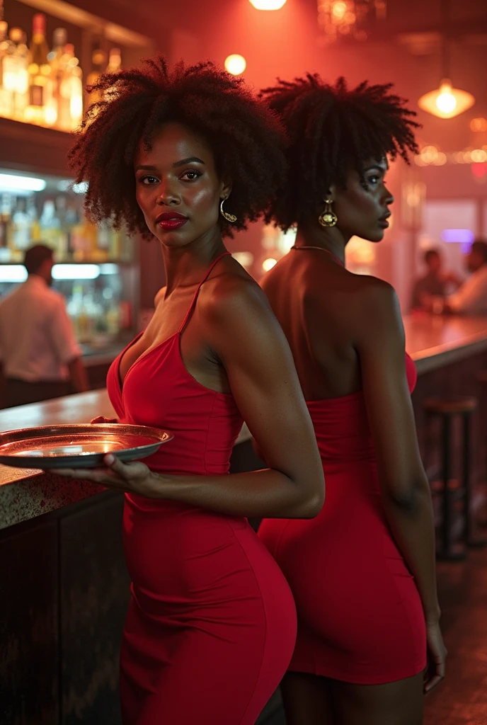 A realistic man in Miami in 1980 in a bar, black hair, in a black suit, all seductive, confident and elegant, surrounded by several faded women in the background with red lights