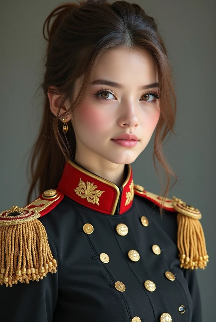 british guards 털모자와 옷을 입은 아라페드 여성, british guards, No makeup , without makeup, portrait of a girl, Profile picture, Use Instagram Filters, Subtle soft and dim light, perfect face, julia sardinian, 💂🏻, Buckingham, 
