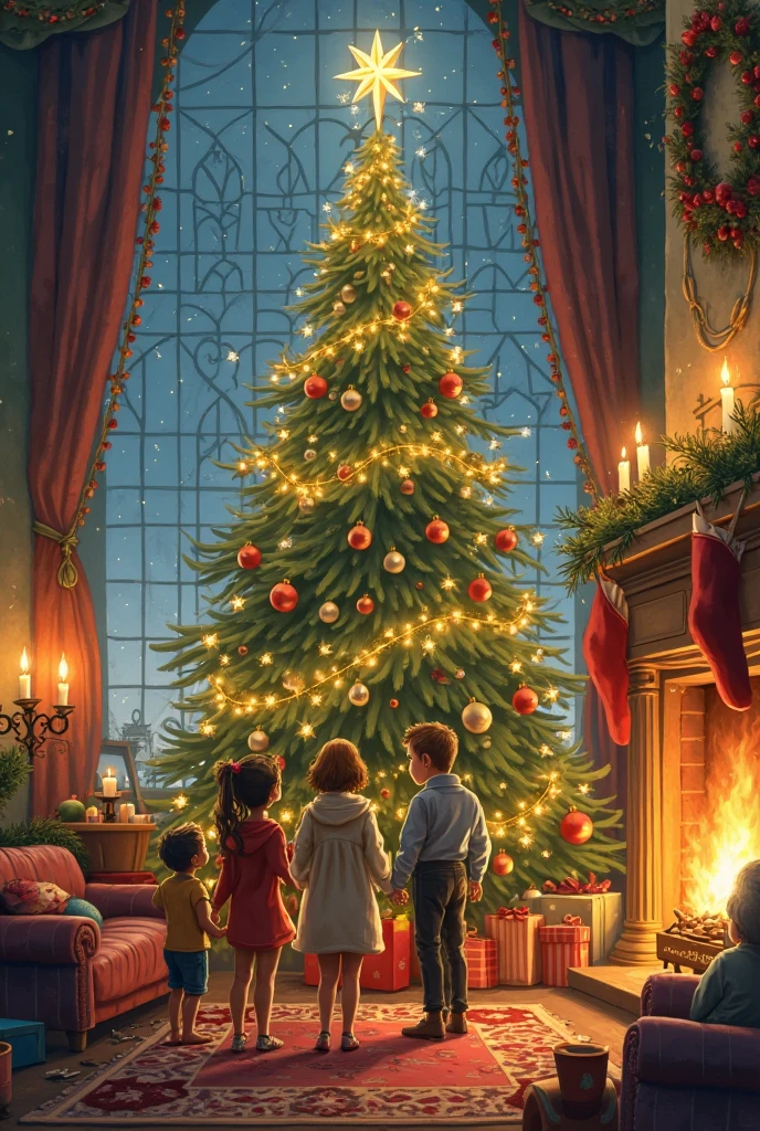 there are three много детей standing in front of a Christmas tree, christmas night, Christmas tree, Festive atmosphere, Inspired by Mark Keatley, holiday season, a tree, children's, background illustration, Lisa Parker, true realistic image, Resolution 1128x191, children, by Krzysztof Boguszewski, concept piece, Artists