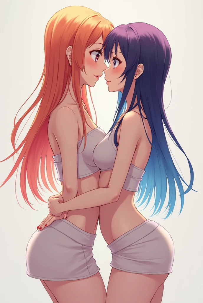 Nuruto hair in fire hair red and blu eyes close poses in two girls big boobs bra and panty without bra sex