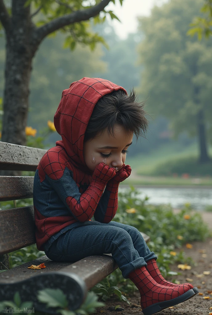 sitting on a rock, dressed as spiderman