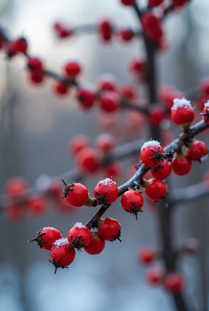 A frozen branch,There are two small red hawthorns on it,There is frost on hawthorn and branches,In the orchard,vague background,Early winter weather