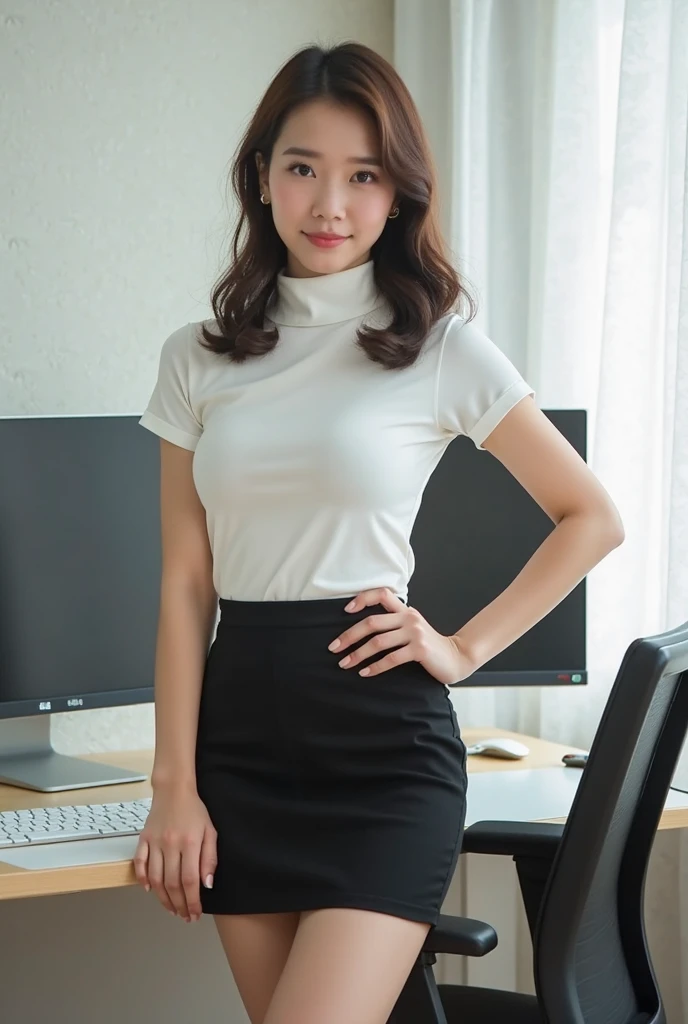 8K、Ultra-high resolution、Ultra-high resolution、Ultra HD、Ultra-realistic、Highest quality、Masseter muscle area)(Beautiful Japanese Women、Black hair ponytail:1.1)(huge 、Toned body:1.3)(office lady、White sleeveless turtleneck、Grey tight skirt、High heels、Hide all breasts、Drawing from the front:1.38)In the office district、(Open your legs wide to the sides、Sit on a chair with your knees bent:1.18)