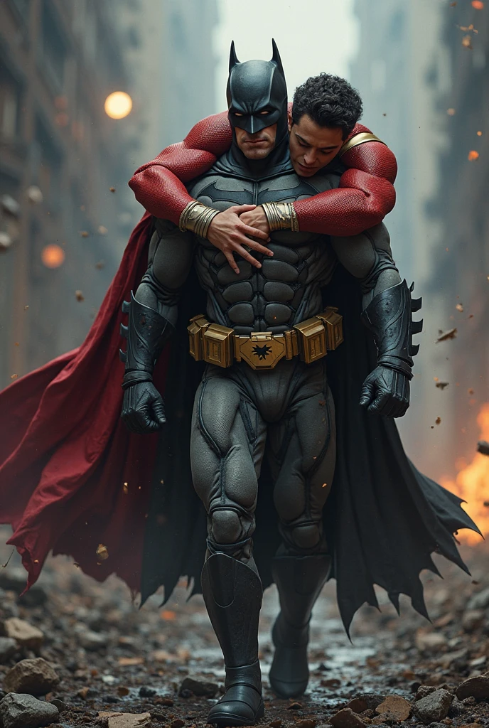 Superman standing with bloody fists and black suite and glowing red eyes, batman laying on the ground dead covered in his own blood with mask that resembles bat