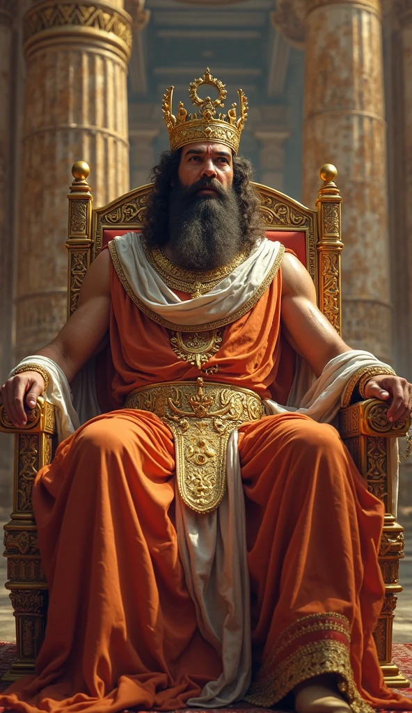 In Greek mythology, Poseidon’s influence is feared and respected, as one of the most venerated deities, a commanding and revered man with an air of authority, ancient Greece, dressed in ceremonial garb with golden tridents embroidered on his robe, atop a high throne in a temple, in the background, worshippers bow in reverence, hyper-realistic, photo realism, cinematography -- ar 9:16