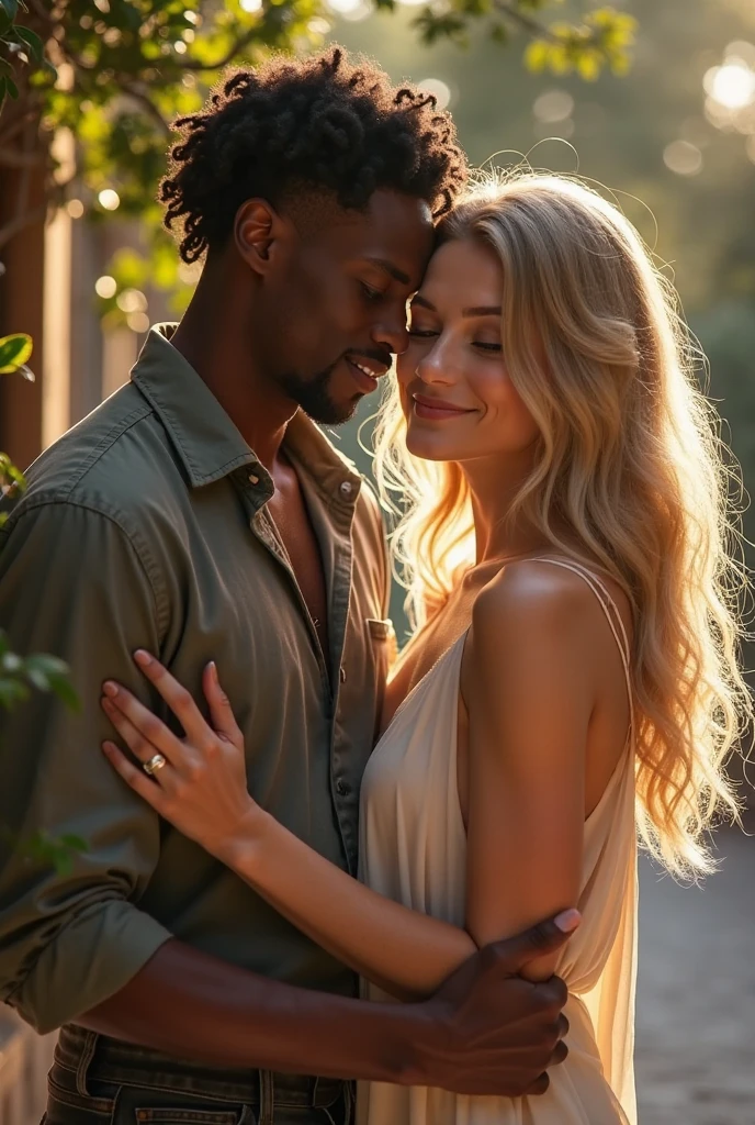 Beautiful blonde curly hair woman, handsome lightskin man with dreadlocks, realism, hugging