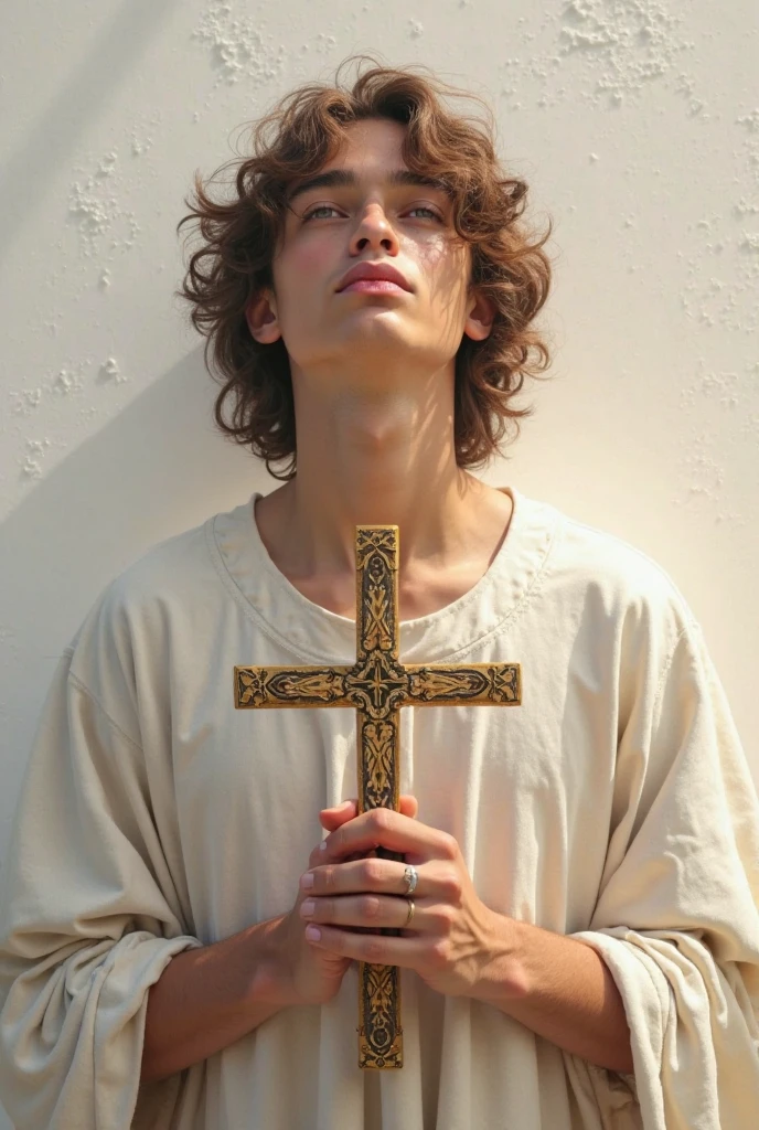 Shirtless boy with medium black hair dark eyes and crucifix 