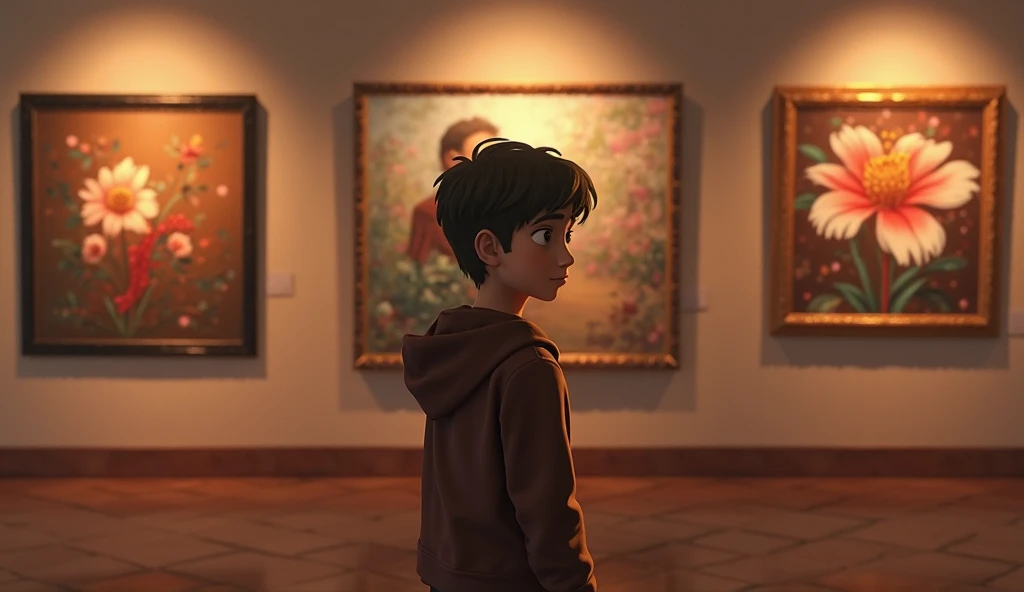 The boy looks at the picture side view.
