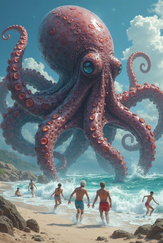 Three naked girls run out of the water on a beach where a giant octopus chases them trying to catch them. 