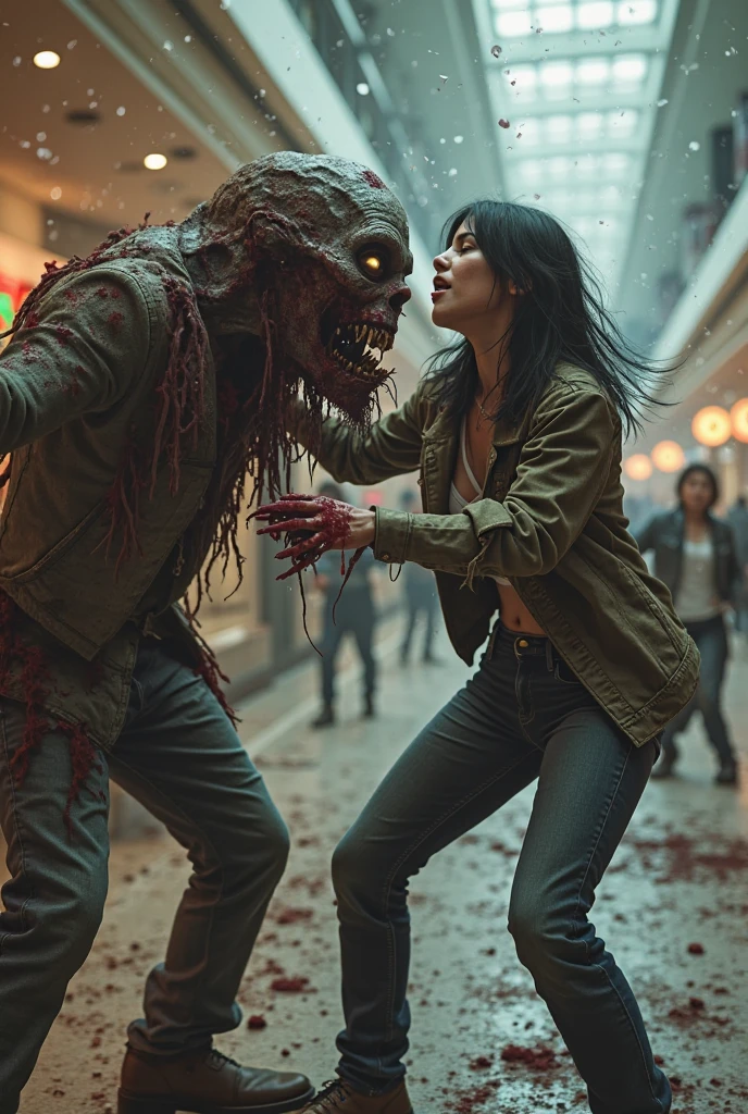 create a realistic scene where a zombie with sinister eyes and exposed wounds on its body is trying to attack a person, the person attacked is holding a flashlight and wearing a backpack, the zombie is trying to bite the victim's neck but the victim is resisting.
