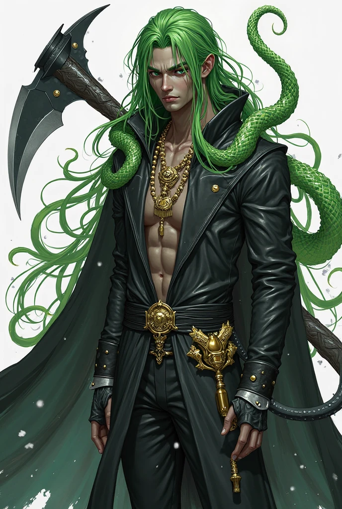 "scary giant humanoid creature with a long hair his eyes are color green, muscular, amulets around his waist smoking a cigarette, reclining on a weathered, towering tree with a dark backdrop, smoke billowing around, emphasizing the detailed shadow, in high resolution and hyperrealistic style."