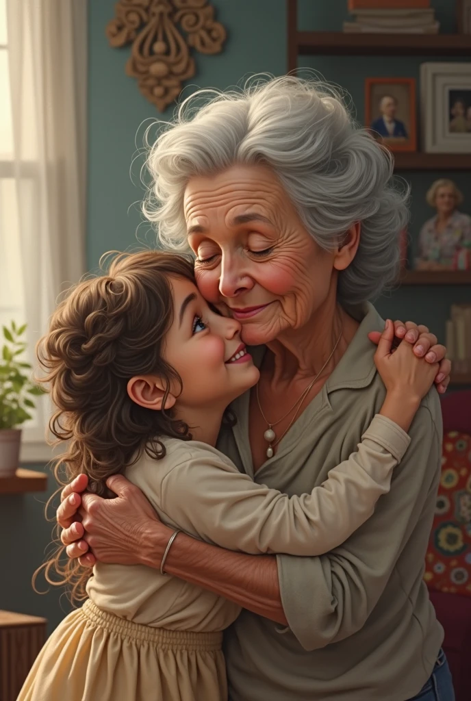 a teenage girl smiles Long and stares at her old mother on the side. The old father sees the teenage girl from the gap in the door