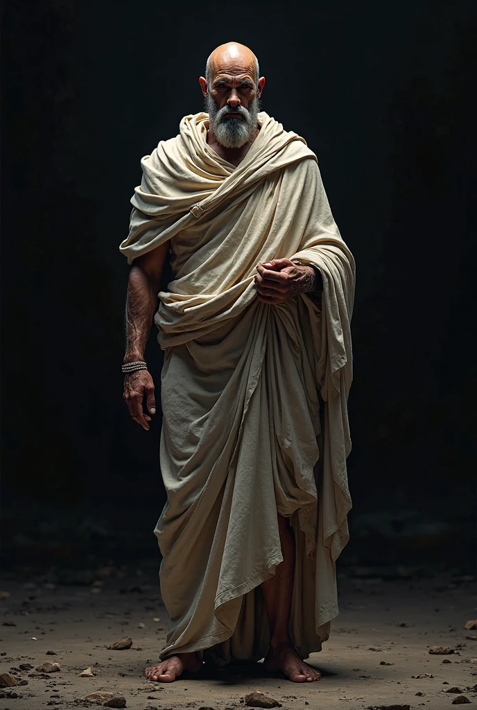 Indian Old man, wearing a white shawl,white dhoti, scar on face, dark clouds, night, gloomy, horror