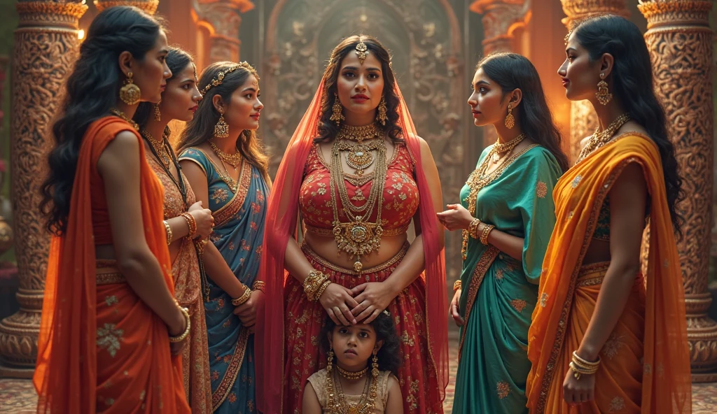 (beautiful detailed eyes, fierce expression, holding a sword), traditional attire, ornate jewelry, flowing hair, confident posture, with a group of soldiers in the background, vibrant colors, high contrast, dramatic lighting, oil painting style , hot in saree