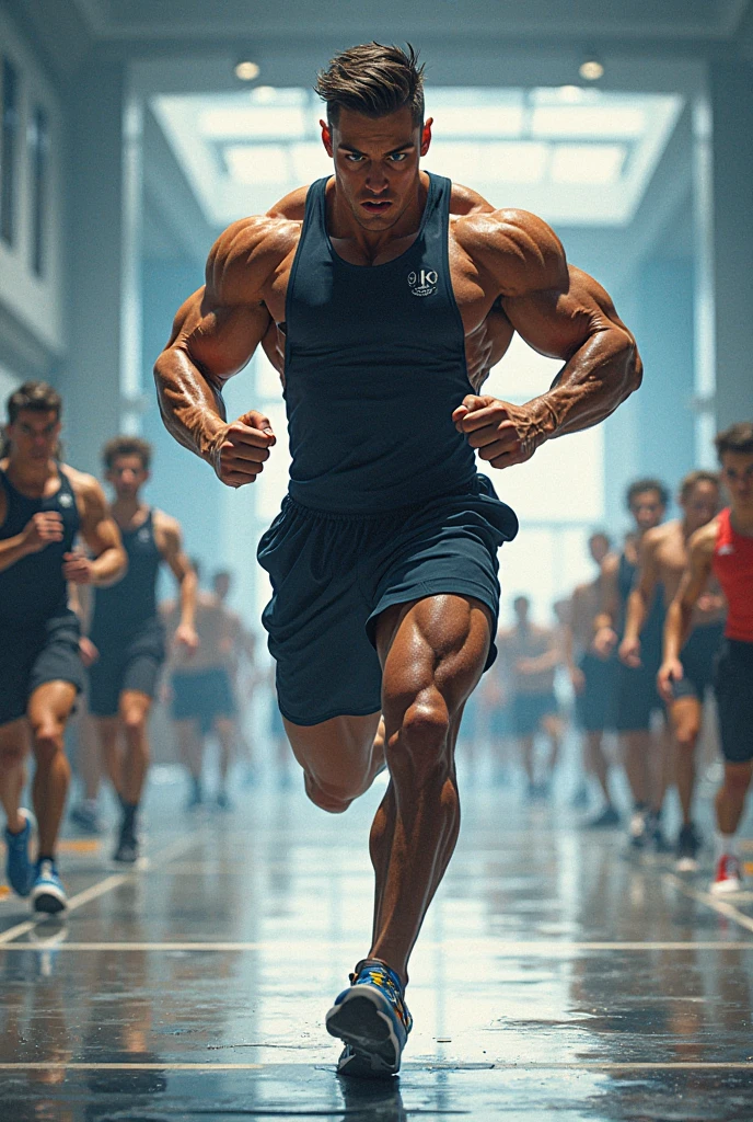 Gym boy with six packs facial expression of angry is running on the street