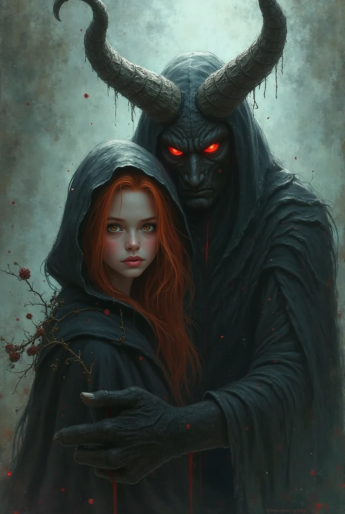 Child, girl, with black horns, red hair, orange eyes, holding man's hand, (man, skull face, black clothes) background, medieval scenery, dark forest