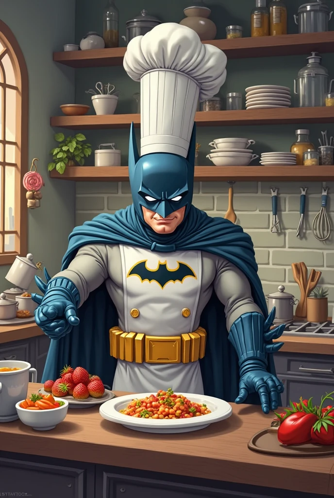 batman cooking in a wood kitchen, creative, neon colors, colorful, luminous, realistic, colorful, 8k, 4k, high resolution, viking style, mystical, universe style