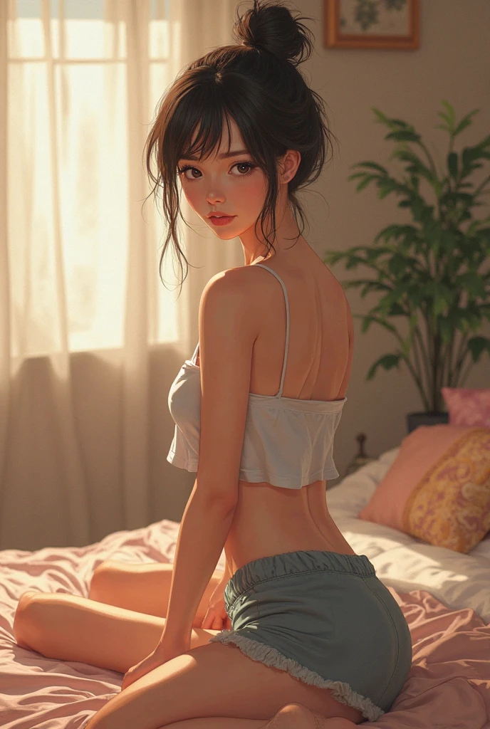 (photorealism:1.2), beautiful woman, sitting on bed, wearing top, no pants, long hair, indoors, soft lighting, plants in background, window with sunlight, cozy room, relaxed pose, hentai, intricate details, sexy, anime style 