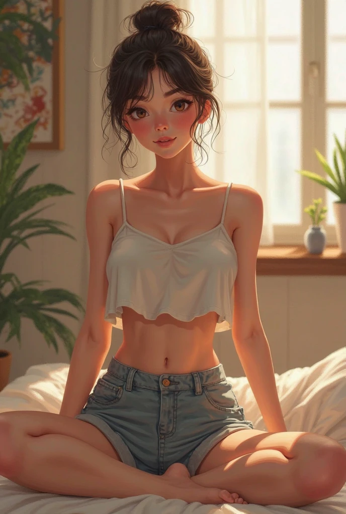 (work of art, best qualityer), Youngh,seven years old,breasts big, giant hips, greeneyes, Bblack hair, top cut, shorts jeans, Room