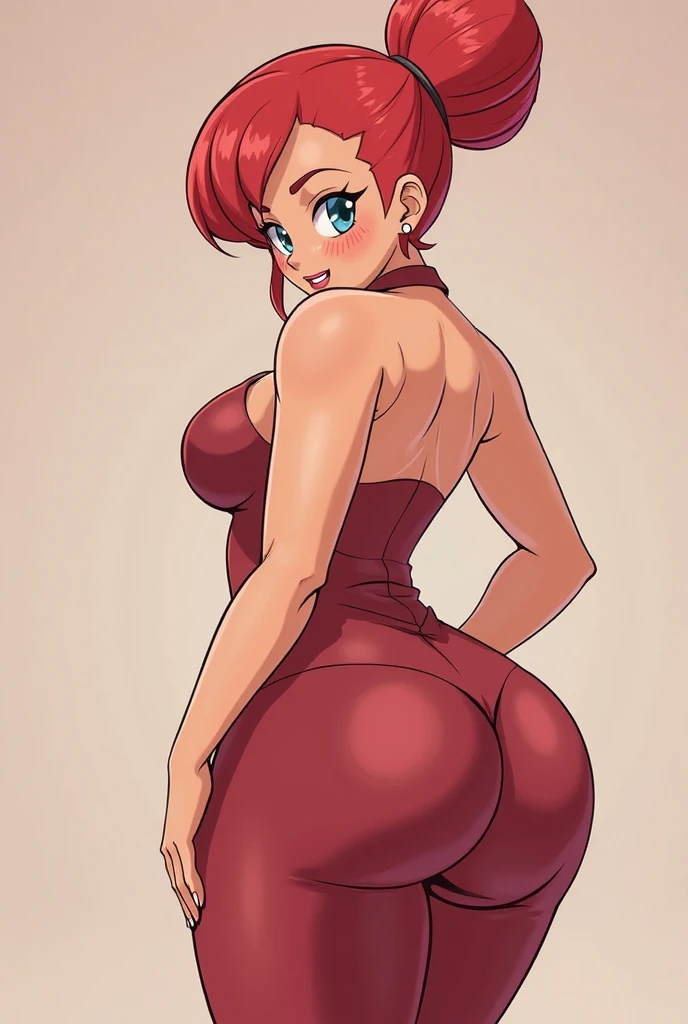 1girl, looking back, booty, blush, amazing, lovely girl, from behind, best quality, great artwork, sensual image, bouncing ass, (white background:1.3, jessicarab, jessica rabbit, red hair, green eyes, pink eye make up, red lipstick), solo, (bend over:1.3, smiling, looking back over the shoulder), eyes detail, face detail, hand detail, long red dress,