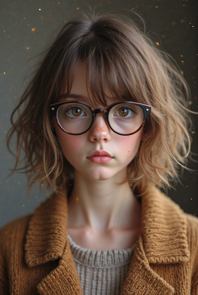 (Model shooting style), A sad homeless little girl, (wear glasses), dressing a old torn clothes, (Shy), 1 Girl, Solitary, brown、curly、Messy hair, Very detailed face, beautiful eyes, [Chubby], Lovely, Ruddy cheeks，Bright, Sad eyes, Stunning beauty, (Rembrandt Lighting), Zeiss lenses, Surreal, (High Detail Skin:1.2), 8K Ultra HD, Digital SLR Camera, Dramatic rim light, high quality, Fuji XT3,