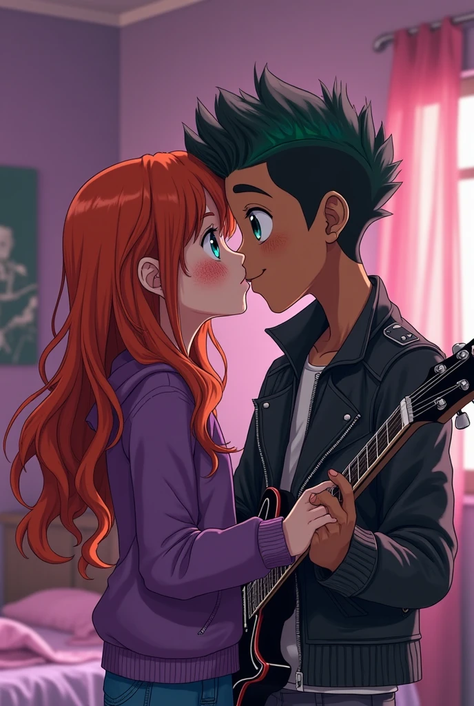 Red haired punk girl kissing a geek boy. Anime style, highschool stairs background