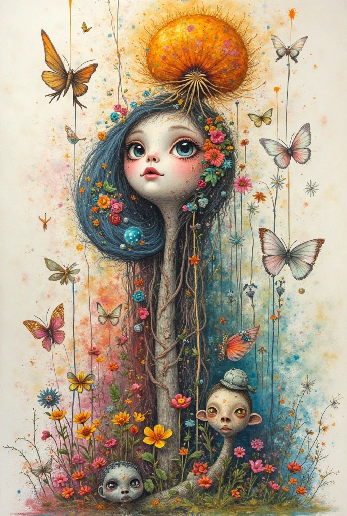 horror painting , in the style of  takato yamamoto, style of Ravi Zupa, super cute pixie,sitting on a mushroom [ hyperdetailed trippy mushroom], [hyperdetailed and hyperrealistic], fantasy real,[breath taking place], dressed in nomad clothing,clever and stylish ,pixie's wings
