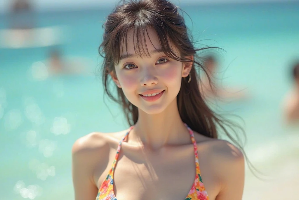 ((top-quality、8K、​masterpiece:1.3))、1girl in、Slim Abs Beauty:1.3、(Hairstyle Casual、Colossal ????:1.2)、Slender face、Delicat eyes、二重まぶた、A smile、Sea Side,orange color ?????? style、Model body、japanes,piece sign