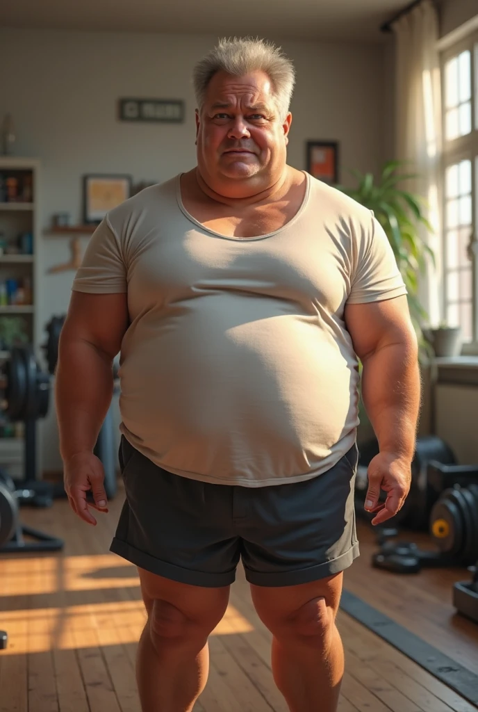 a smiling obese old man, grandpa, topless, shorts, chubby, big fat, detailed realistic portrait, 8k high resolution, sumo physique, side view, perfect center, full view, realistic skin texture, wrinkled face, short hair, jovial expression, huge belly:1.2, fat, wearing shorts, high detail, masterpiece, (best quality,4k,8k,highres,masterpiece:1.2),ultra-detailed