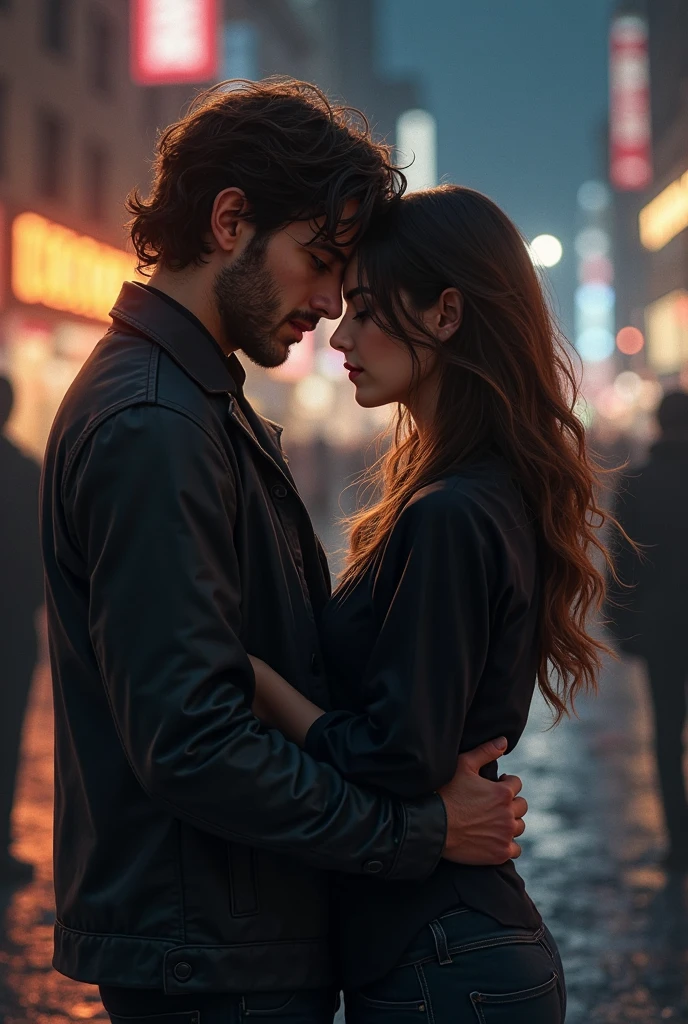 "Create a sexy, romantic anime-style image of a boy and a girl standing close together on a quiet, dimly lit street at night. Both are wearing modern black shirts, adding to the edgy vibe. And also the boy trying to open the girl's shirt. The boy leans in slightly, his expression confident and seductive, while the girl meets his gaze with a bold, sultry look. The soft glow of streetlights casts a warm light over them, creating a shadowy, intimate atmosphere that reflects the line 'You must be tired, because you've been running through my dirty thoughts all night.'"