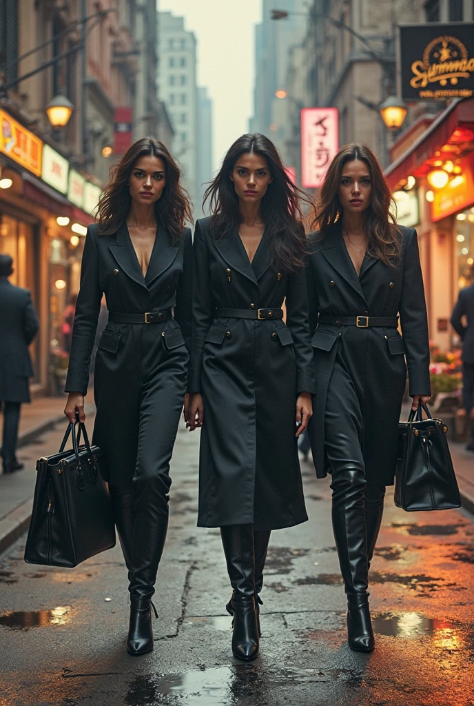 Empowered Women in Parisian Fashion": Visualize a diverse group of confident women walking in front of the Eiffel Tower, dressed in high-fashion, modern, and empowering outfits. The scene should reflect the elegance of Parisian fashion while showcasing the strength and independence of these women.