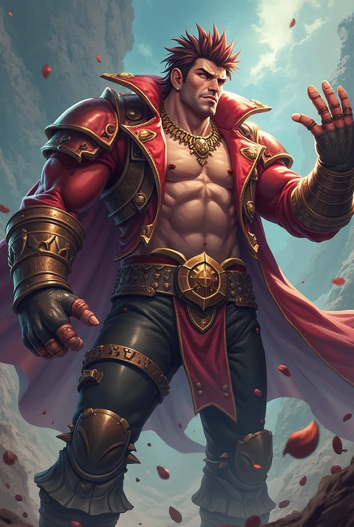 Best quality: 1.3), (Masterpiece: 1.3), (Realistic: 1.4), (Detail: 1.1), young, handsome, mighty, blue hair, short hair, eyes with gods, sword eyebrows, high nose, thick lips, resolute expression, delicate and perfect face, ultra-fine details, flame-like hair ornaments, red vest, black pants, red belt, wearing combat boots, tall, strong, muscular, golden armbands on arms, holding a square halberd, combat posture display, dynamic photography, animal claws on both feet, Divine power overflowing, man in the sky, mythological background