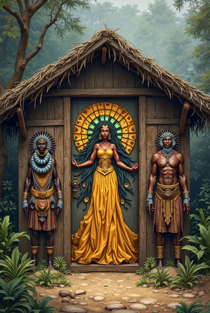 "A hyper-realistic, wide-angle night scene in a dense jungle, with Maria, a blonde woman, bound with rough ropes, lying unconscious on a stone sacrificial altar under a large, menacing statue. Surrounding her, scary tribal people with fierce expressions and traditional tribal attire are performing a ritual. The scene is illuminated by flickering torchlight, casting dramatic shadows and creating a tense, eerie atmosphere. The jungle background is dark and detailed, enhancing the cinematic and realistic feel."
