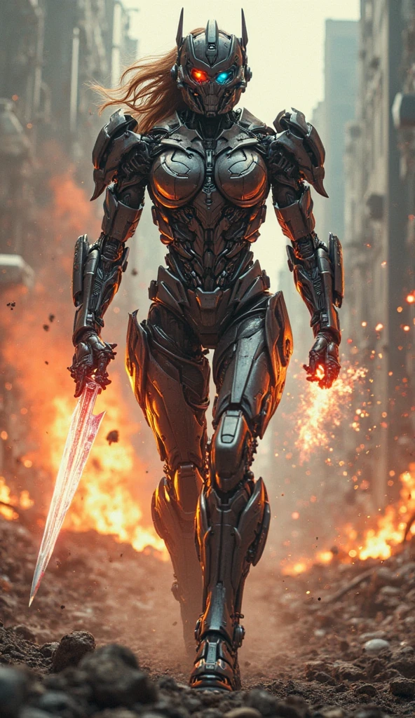((Best quality)), ((Masterpiece)), (detailed), perfect face, Sexy cyborg girl with a sword in one hand against the backdrop of monsters and a destroyed city in full length and in a fighting pose