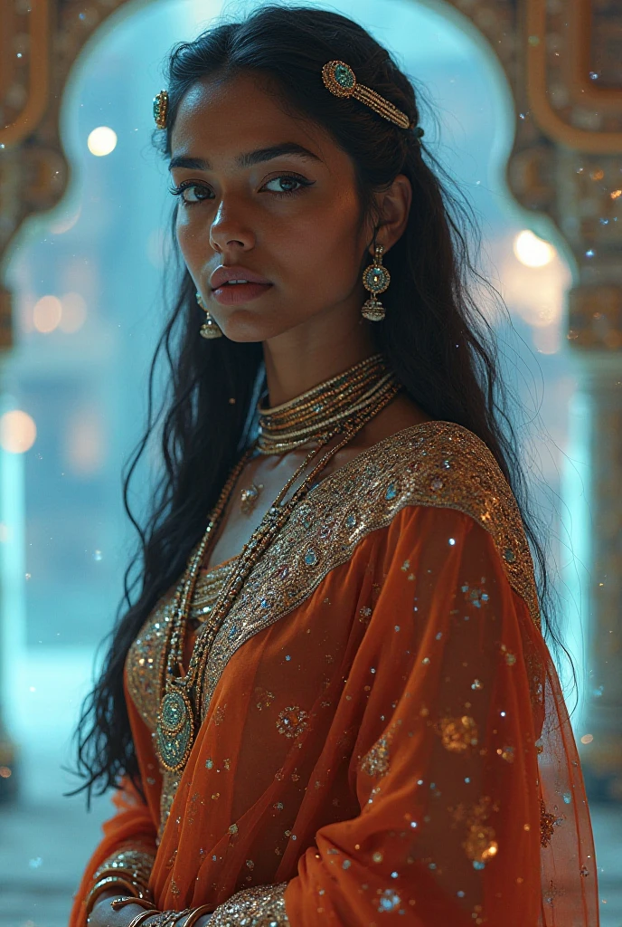 A stunning Indian AI girl standing gracefully in a cinematic scene, wearing a fusion of traditional Indian saree with futuristic sci-fi elements — glowing embroidery, metallic textures, and cyberpunk accessories. She has deep expressive eyes, flawless brown skin, and long flowing hair adorned with digital ornaments. The background blends an ancient Indian palace with holographic architecture and soft glowing lights. Ethereal lighting, 4K ultra-realistic detail, fashion editorial style, elegant pose, divine aura, hyper-realistic textures, cinematic depth of field. Inspired by goddess energy and futuristic fashion.