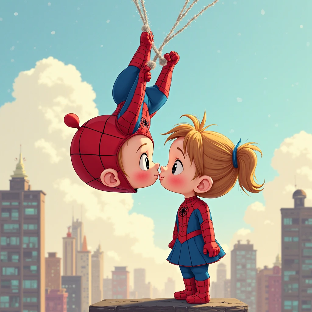 Spiderman man baby hanging from a web upside down and winged spiderman woman baby giving him a kiss on his cheek