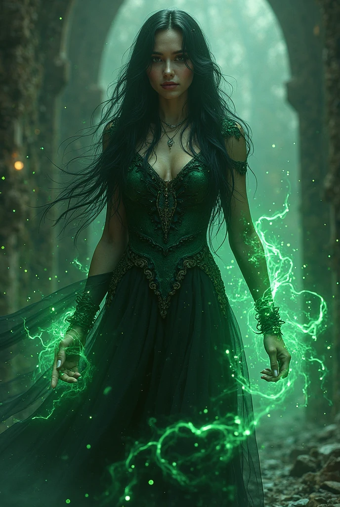 Kae, the European Elf Queen from Dungeons and Dragons, best quality, ultra-detailed CG unity 8k wallpaper, walking, high resolution, dynamic pose, beautiful face, (Hazel eyes:1.2, dark brown hair:1.3, side parted bangs, shoulder length hair:1.4, curly hair, flowing jade and black dress, tiny boobs), depth of field, dark medieval forest, dark light, night time), (high fantasy), casting green and yellow magic from her hands