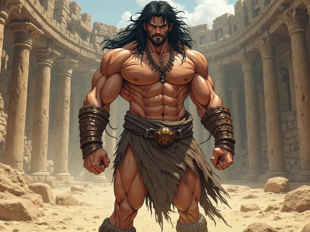 Ripped hero, shirtless upper body, legs revealed from thighs to feet, cascading long curls, intricate muscular details, photorealistic artwork, 4K resolution. Background: Mystic ancient ruins with glowing symbols,32k uhd, best quality, masterpiece, super detail, high details